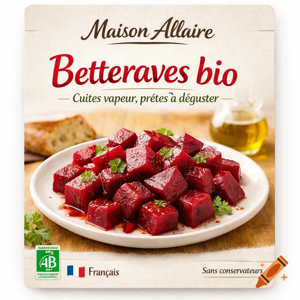 Photorealistic organic steamed beetroot cubes on a white plate with text 'Maison Allaire Betteraves bio' on the packaging.