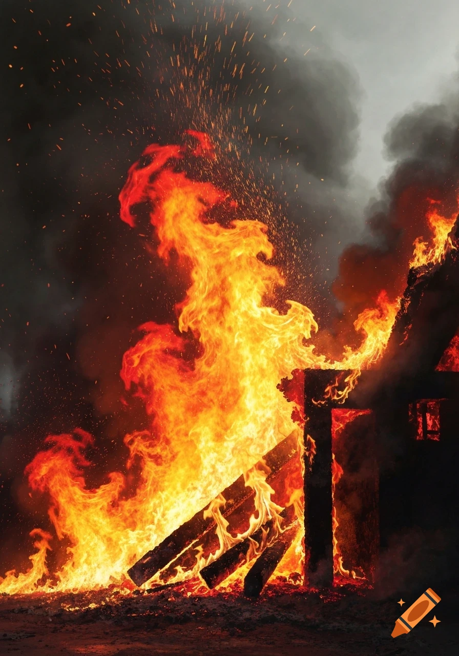 A building engulfed in massive, bright orange and yellow flames, with thick dark smoke billowing into the sky.