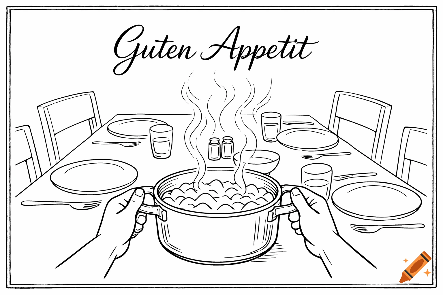 Outline drawing: Hands serving a steaming pot of food at a table set for four, with 'Guten Appetit' text.