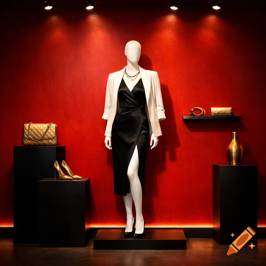 An elegant mannequin in a black dress and white blazer in a retail display with a red wall, gold accessories, and shoes on pedestals.