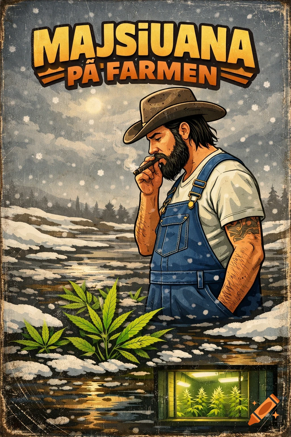 A cartoon album cover shows a bearded man in a cowboy hat and overalls smoking, standing in a snowy field with cannabis plants. Text reads MAJSIUANA PÅ FARMEN.