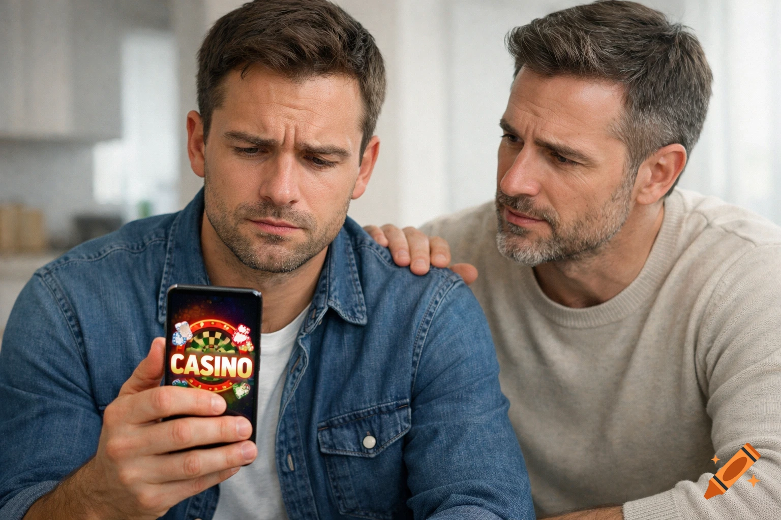 Two men in a light room, one looking distressed at a phone displaying a casino logo, the other offering support.