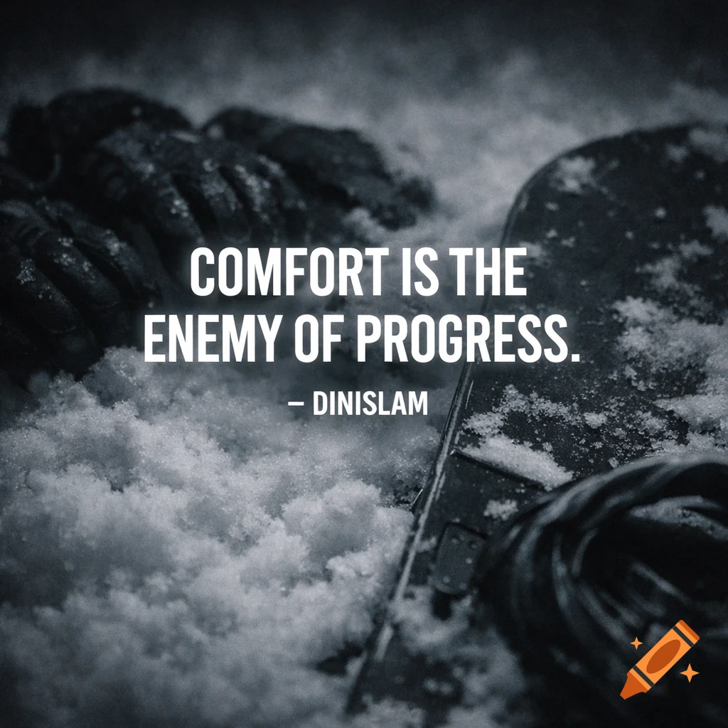 Motivational quote 'COMFORT IS THE ENEMY OF PROGRESS. - DINISLAM' on a dark, high-contrast, blurry photo of wet ski gloves and a snowboard in snow.