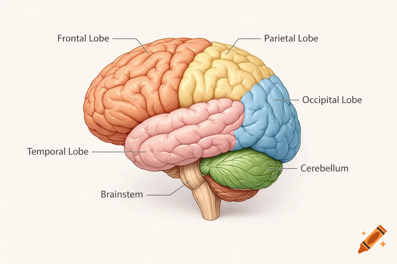 Colorful anatomical illustration of the human brain with frontal, parietal, occipital, temporal lobes, cerebellum, and brainstem labeled.