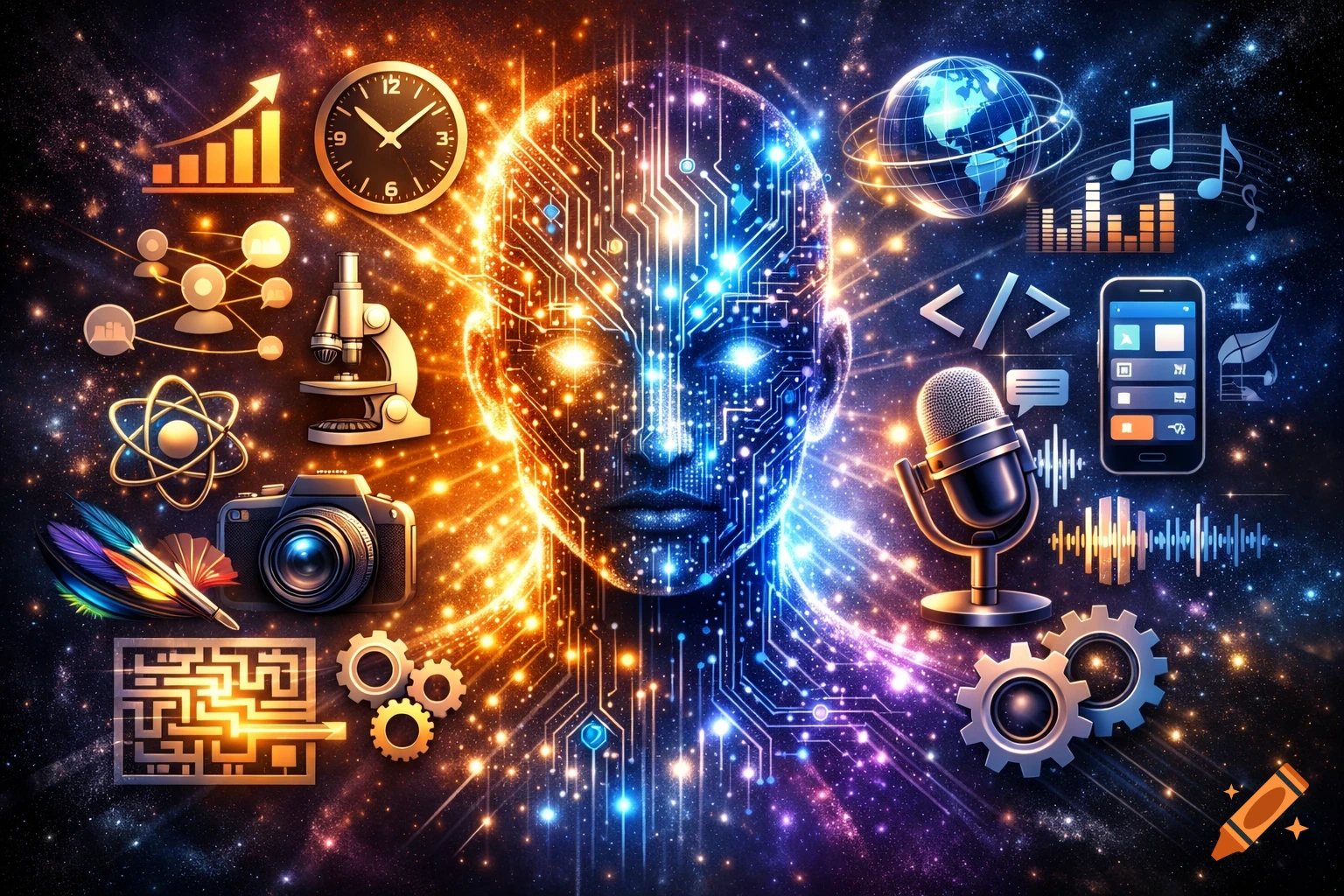 Vibrant, futuristic digital art of a glowing, circuit-patterned AI head surrounded by icons representing technology, science, and media against a starry background.