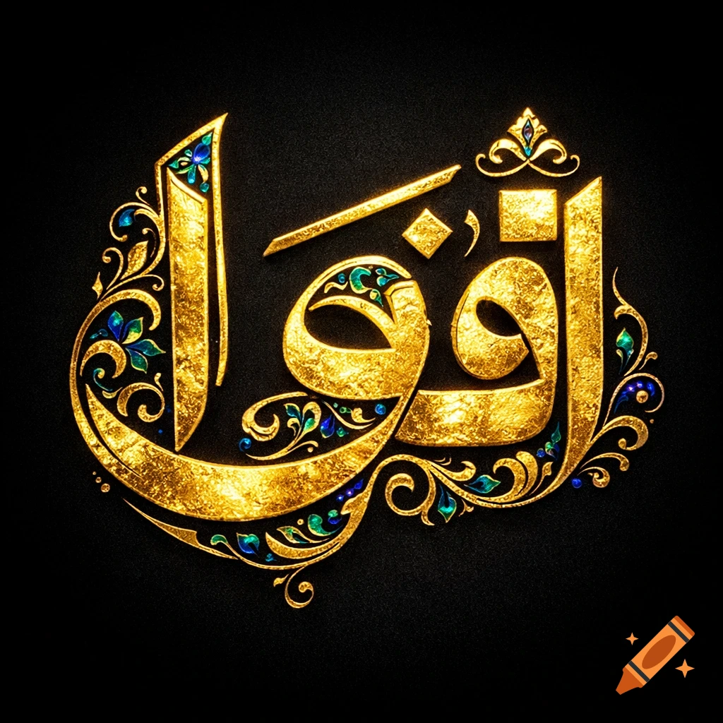 Ornate golden Arabic calligraphy spelling 'اقرأ' (Iqra) with blue and green embellishments on a black background.