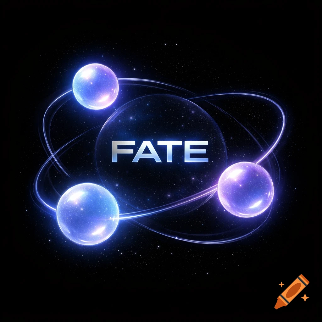 Three glowing blue and purple spheres orbit a central larger sphere with the word 'FATE' inside, set against a starry black background.