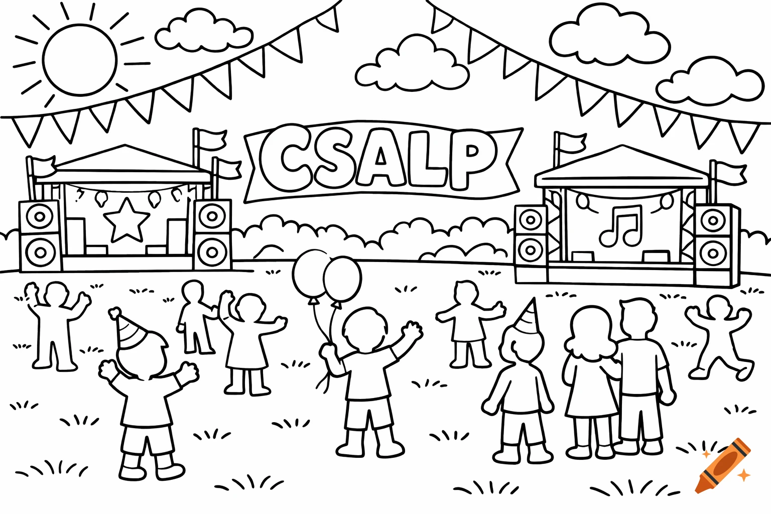 Black and white coloring page of an outdoor music festival with two stages, banners, dancing people, balloons, and party hats under a sunny sky.