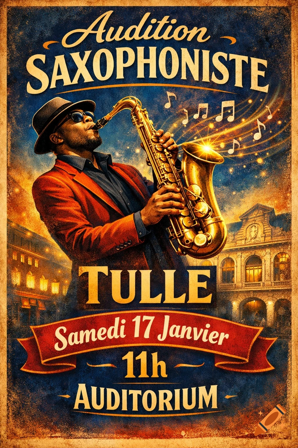 Vintage poster for a saxophonist audition in Tulle, featuring a man playing a saxophone with musical notes and city lights.