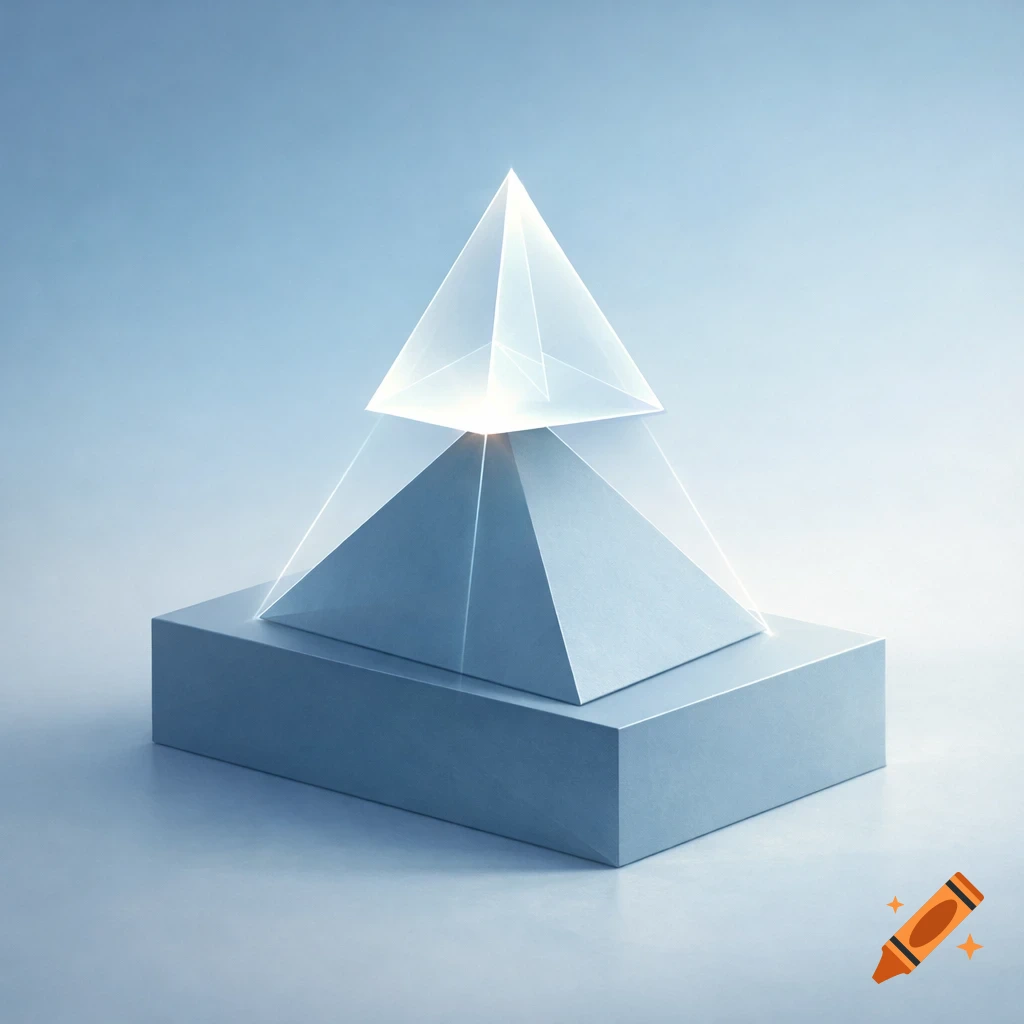 A glowing transparent pyramid stacked on a solid grey pyramid, which rests on a rectangular base against a blue background.