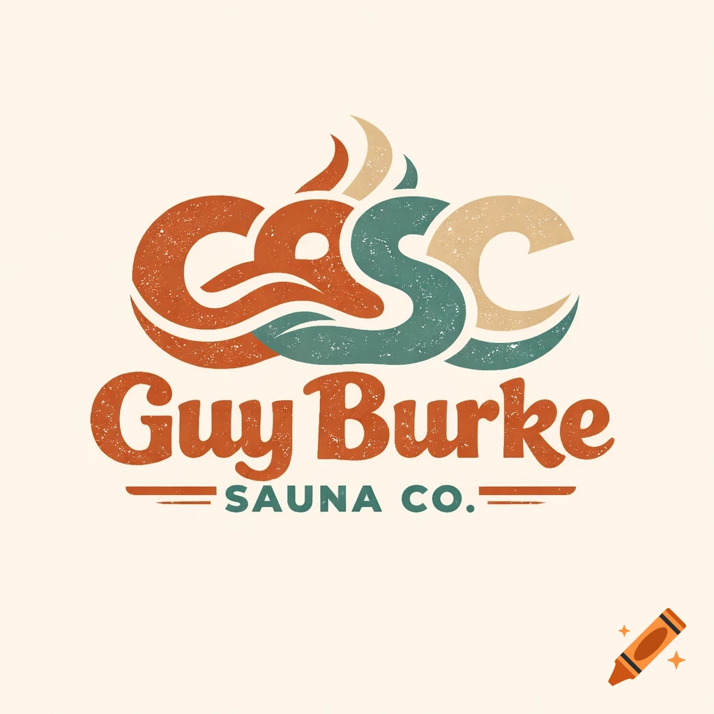 Retro logo for Guy Burke Sauna Co. features initialism CASC above the company name in a distressed orange, teal, and beige palette.