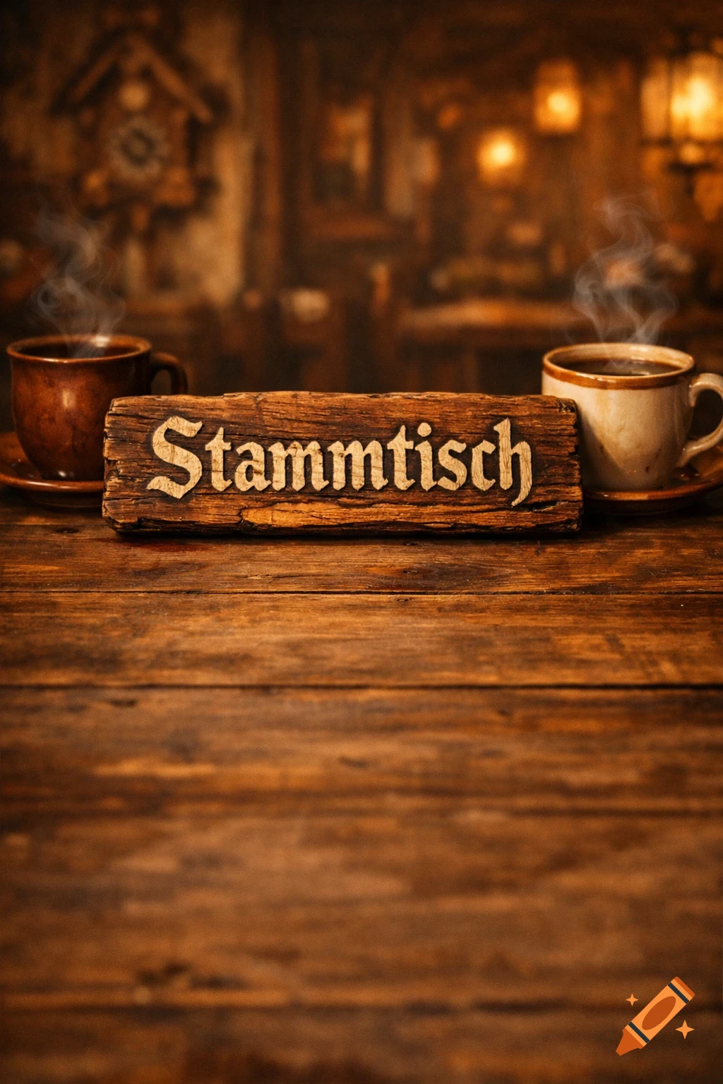 A wooden sign with "Stammtisch" sits on a rustic wooden table, flanked by steaming coffee cups in a warm, dimly lit tavern setting.