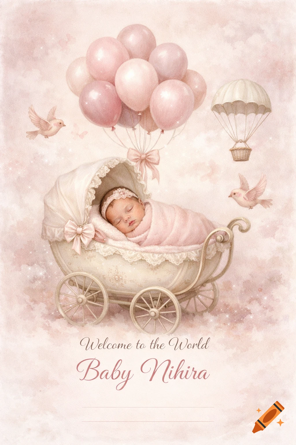 Pastel watercolor of a sleeping baby girl in a vintage pram, surrounded by pink balloons and birds. Text: 'Welcome to the World Baby Nihira'.