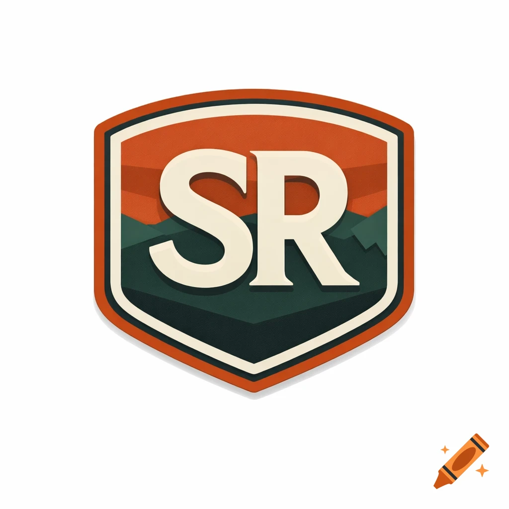 A shield-shaped patch logo featuring the letters SR in cream over green mountains and an orange-red sky, bordered in black and cream.