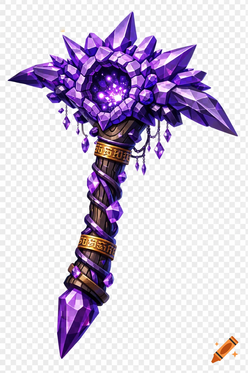 A highly detailed fantasy amethyst pickaxe with a glowing central geode, crystal vines, and golden rune bands on a twisted wooden handle.