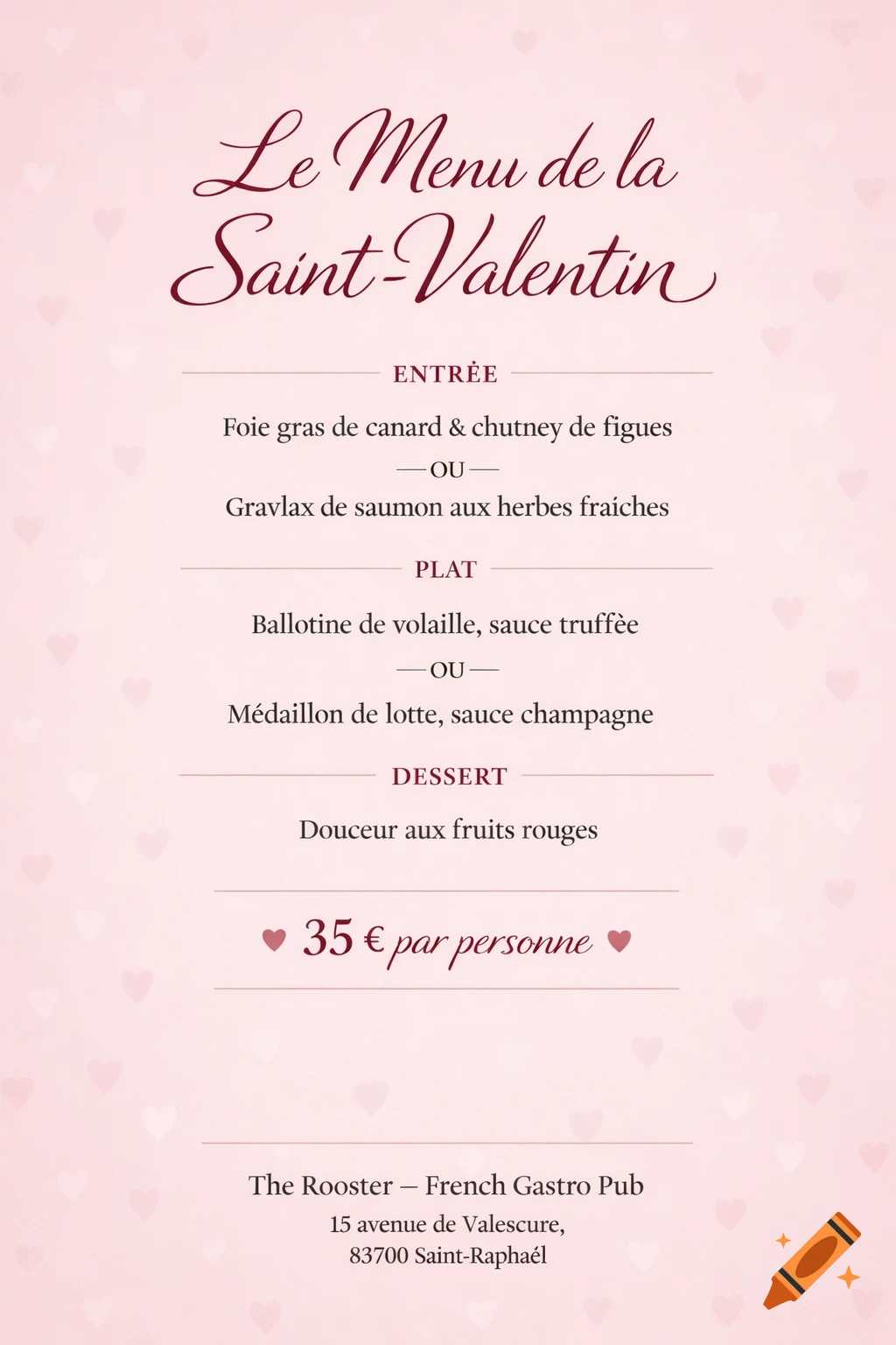 Elegant pastel pink Saint-Valentine menu poster with a subtle heart pattern, featuring French cuisine, prices, and restaurant details.
