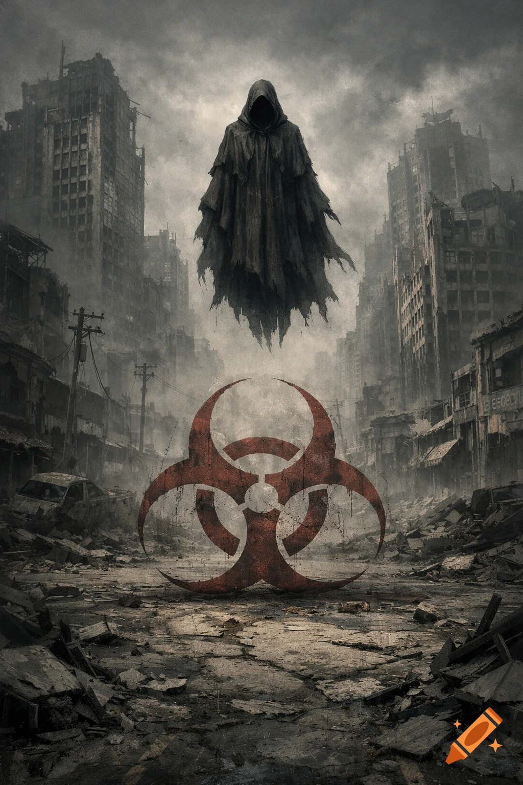 A hooded figure hovers over a red biohazard symbol in a desolate, ruined cityscape under a dark, stormy sky.