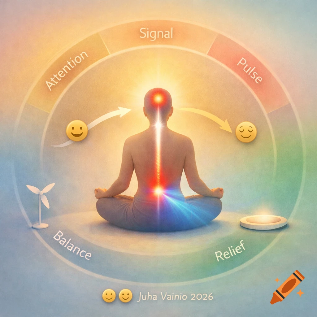 A person meditating in a lotus position with a glowing spine, surrounded by a circular diagram of words like "Attention" and "Signal" on a soft, warm background.
