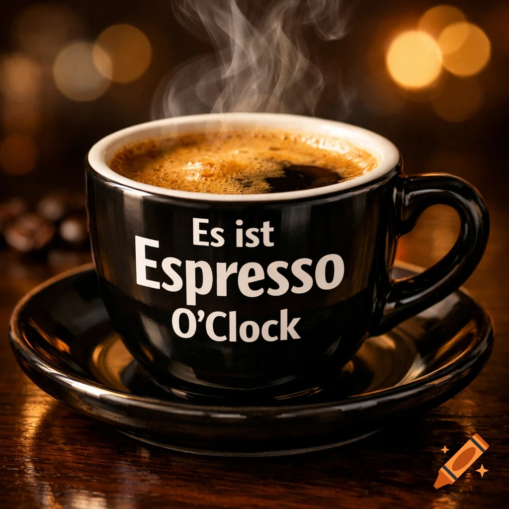 A steaming black espresso cup with 'Es ist Espresso O'Clock' written on it, on a saucer on a wooden table with bokeh lights.