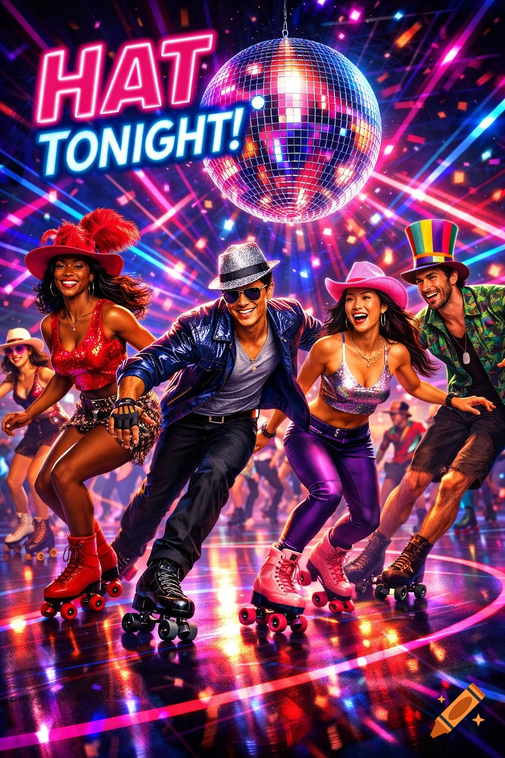 People roller skating at a vibrant disco party with neon lights and a disco ball, under text 'HAT TONIGHT!'