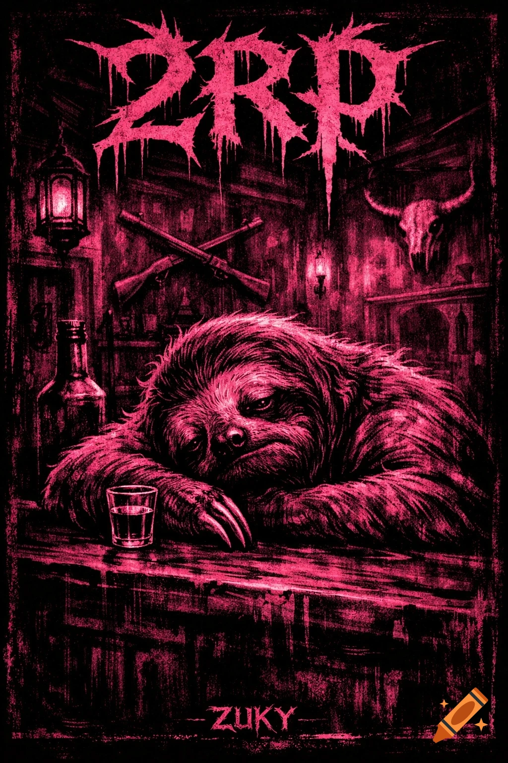 A tired sloth rests its head on a bar counter next to a shot glass and bottle, in a black and pink dark metal art style with text "2RP" and "ZUKY".