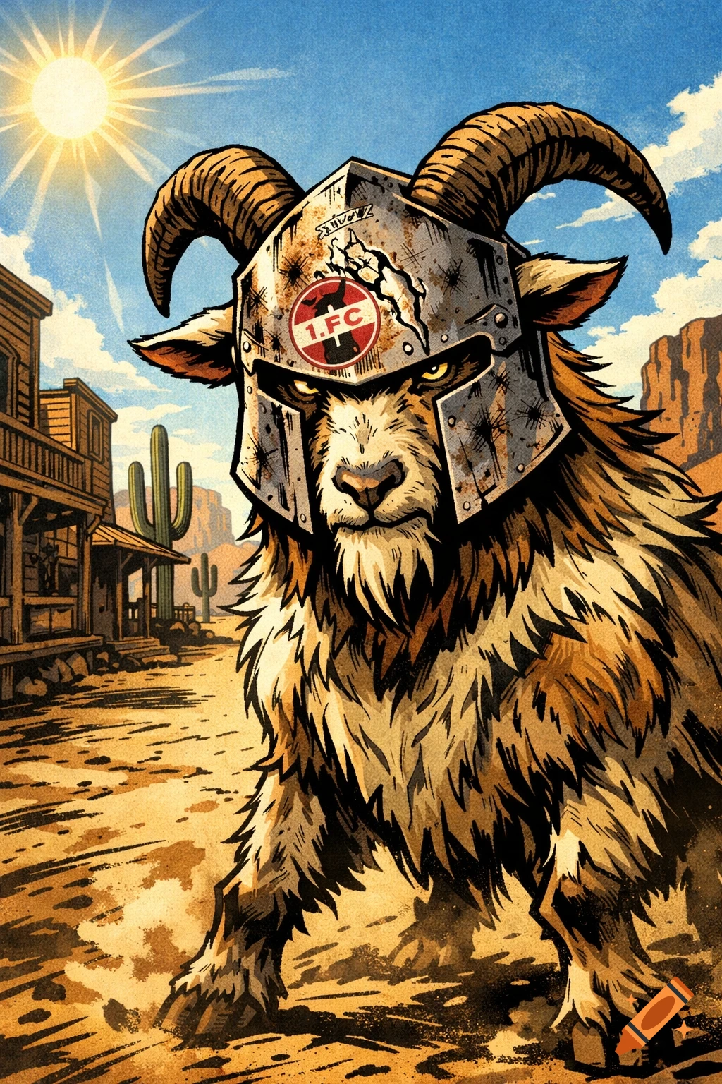 A stylized comic illustration of a fierce goat wearing a worn metal helmet with a "1.FC" logo, standing in a dusty Wild West town under a bright sun.