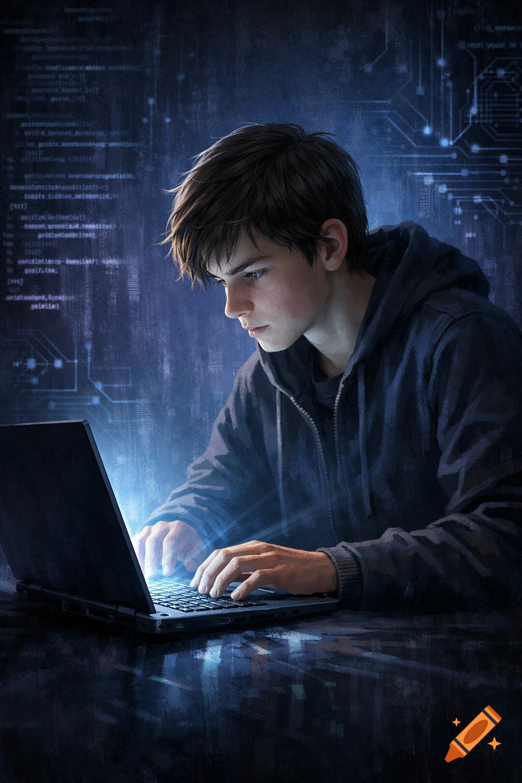 A teenage boy intensely types on a glowing laptop in a dark, code-filled digital environment, in a mysterious illustration style.