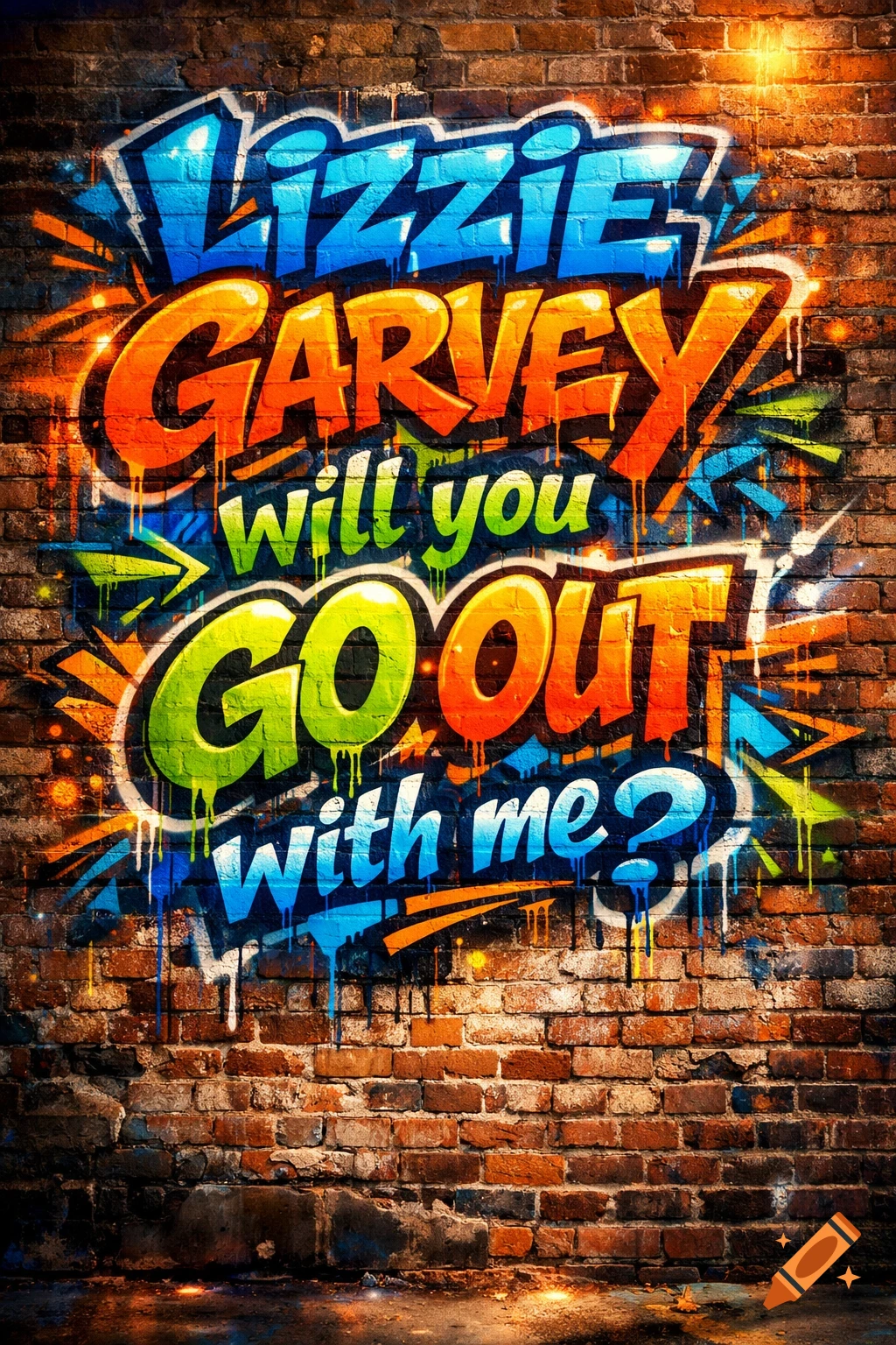 Colorful graffiti on a brick wall asking "LIZZIE GARVEY will you GO OUT with me?"