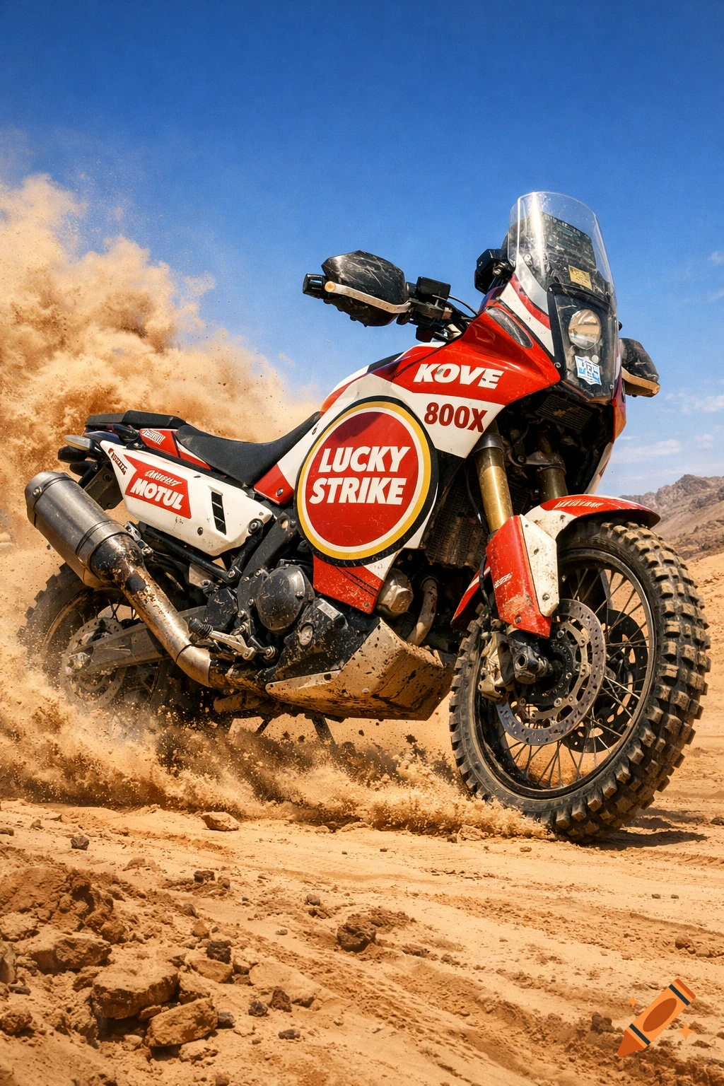 A red and white Kove 800X rally motorcycle with Lucky Strike branding kicks up sand in a desert race, under a blue sky.