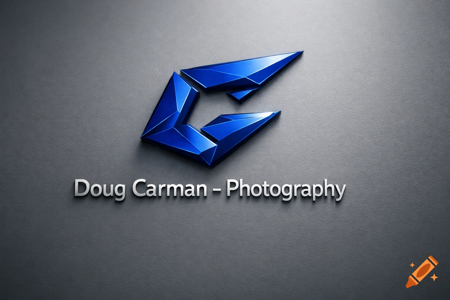 Blue geometric 3D logo, possibly a stylized 'G', above the text 'Doug Carman - Photography' on a textured gray background.