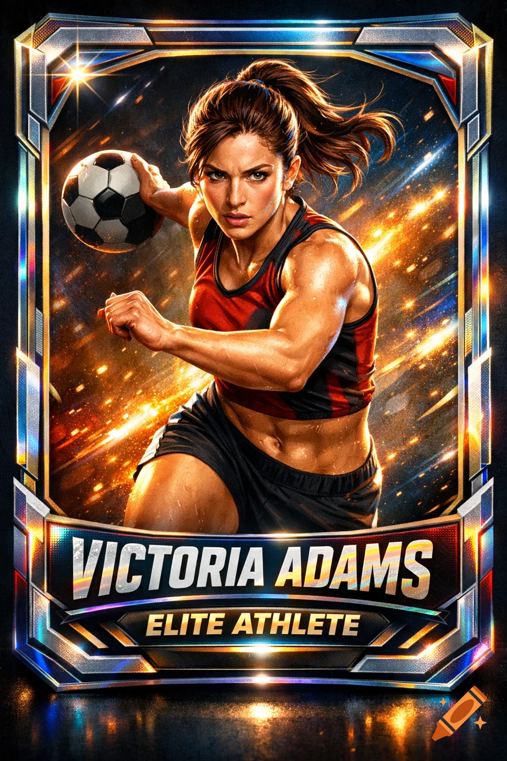 Muscular female athlete, Victoria Adams, on a holographic sports trading card, holding a soccer ball with a dynamic, glowing background.