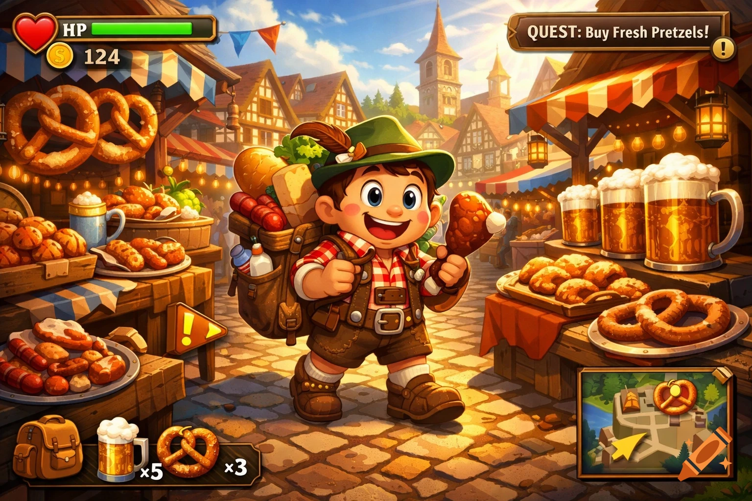 Cartoon game art of a happy boy in lederhosen in a German market with food stalls, UI elements for HP, coins, and a quest to 'Buy Fresh Pretzels!'