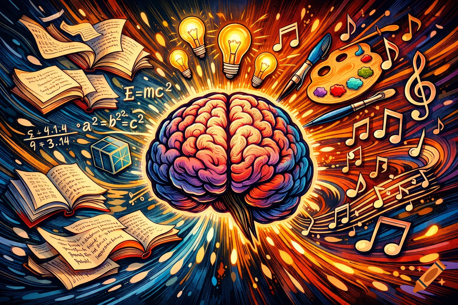An illustrative image of a vibrant, colorful brain at the center, surrounded by elements representing knowledge, logic, and creativity like books, formulas, light bulbs, and musical notes, all with dynamic lines and bright colors.