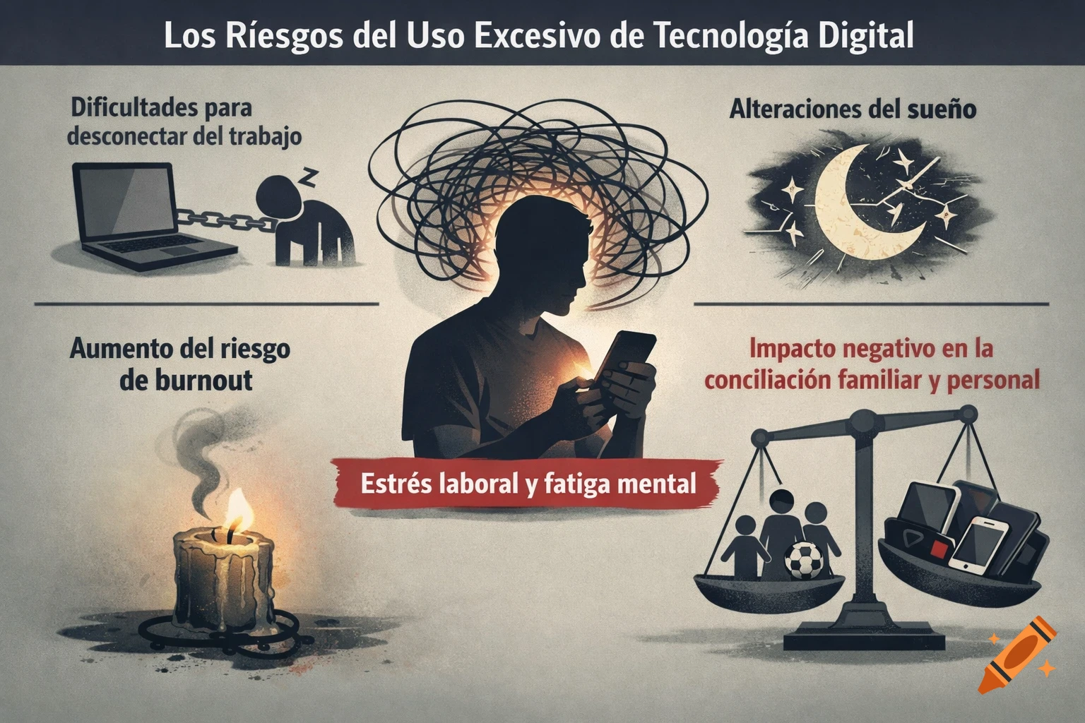 An infographic illustrating the risks of excessive digital technology use, showing stress, burnout, sleep issues, and family impact.