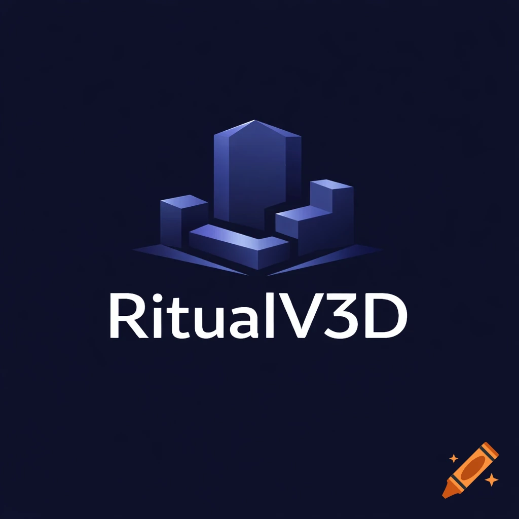 A blue 3D abstract logo for "RitualV3D" on a dark blue background.