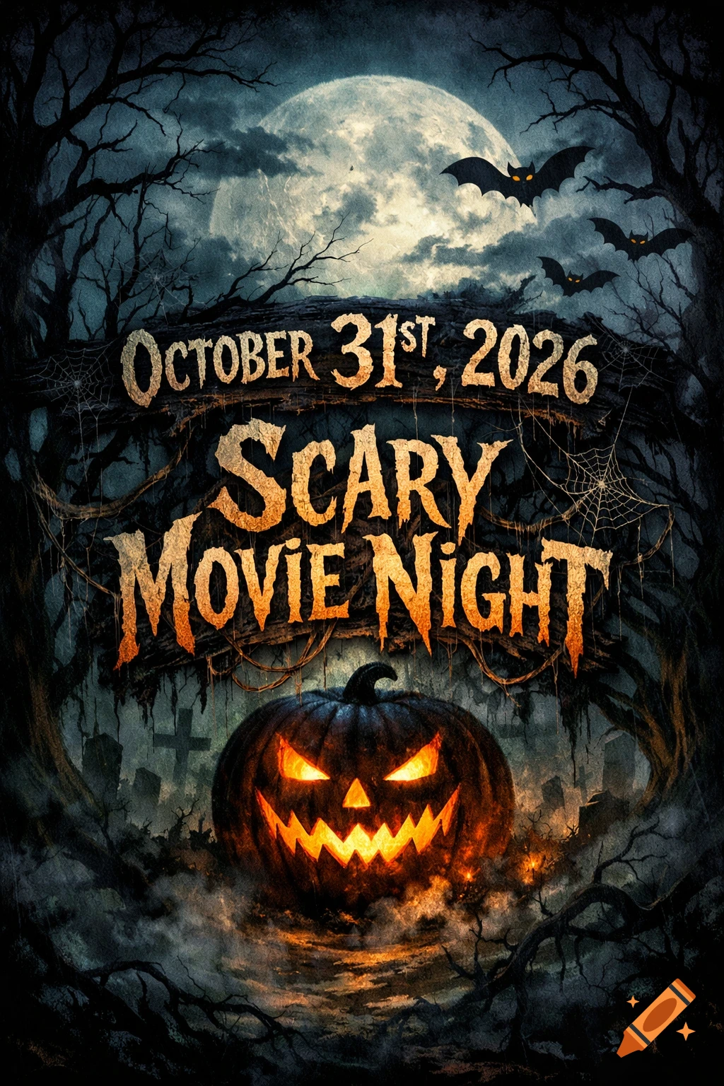 A dark, spooky poster for "Scary Movie Night" on October 31st, 2026, with a glowing jack-o'-lantern and bats.