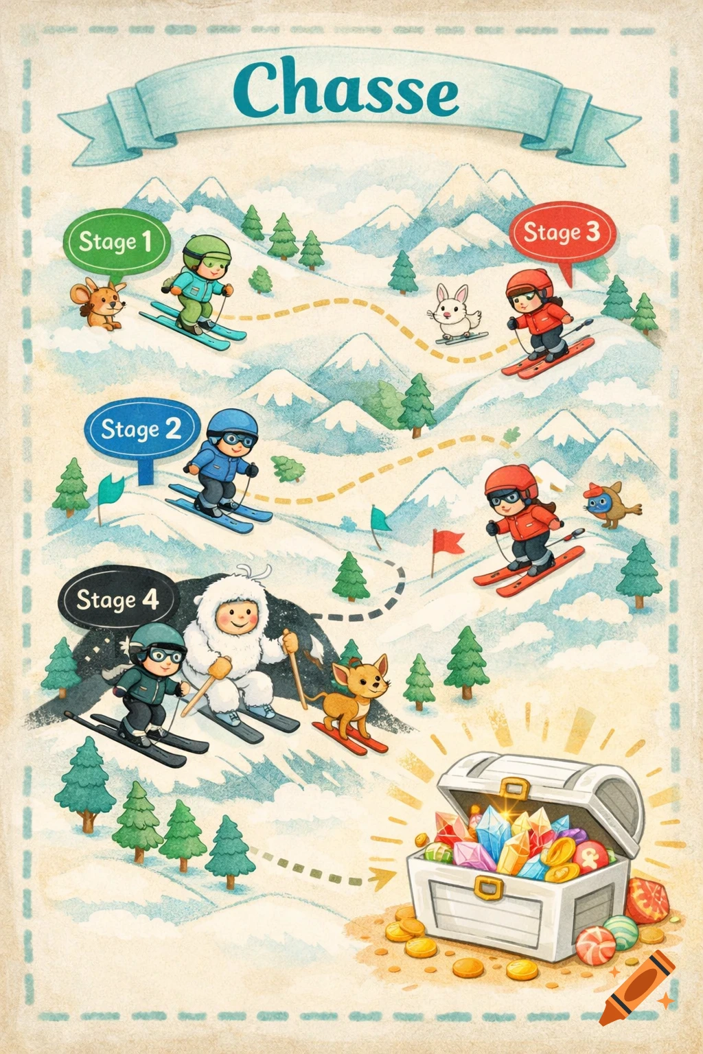 A whimsical treasure map illustration of a snowy mountain with child skiers, animals, a yeti, and a path leading to a chest of gems.