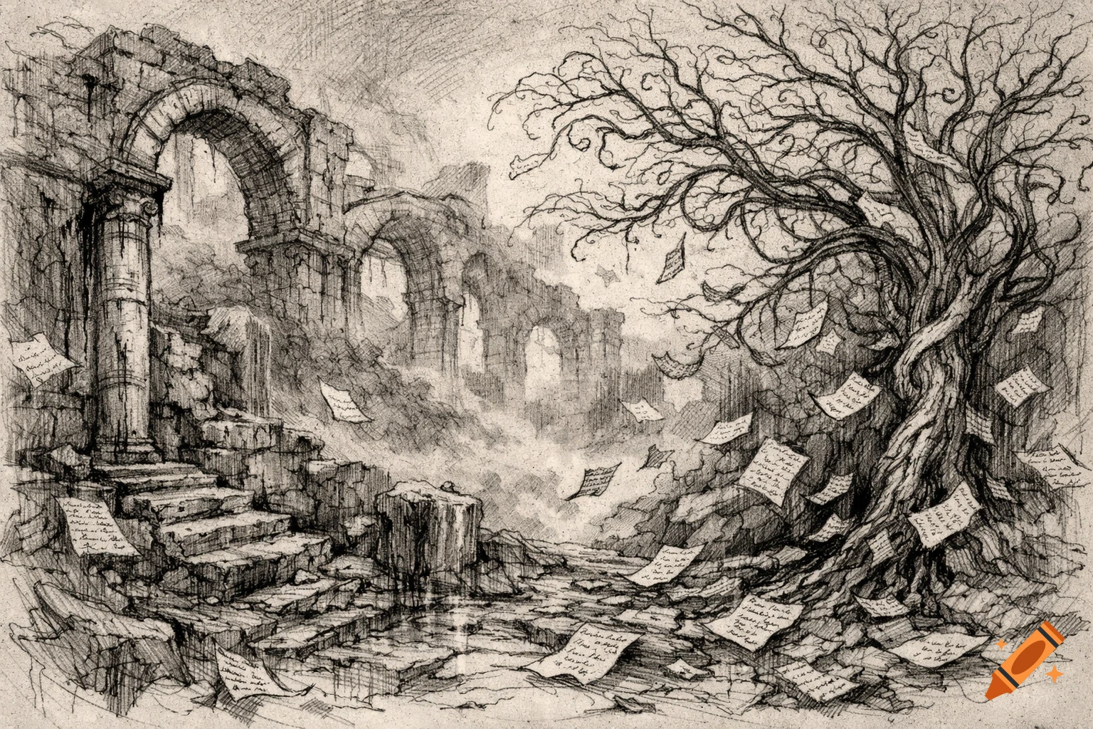 An ink drawing of ancient ruins with arches and a gnarled, leafless tree from which papers, resembling poems, are scattering in a desolate landscape.