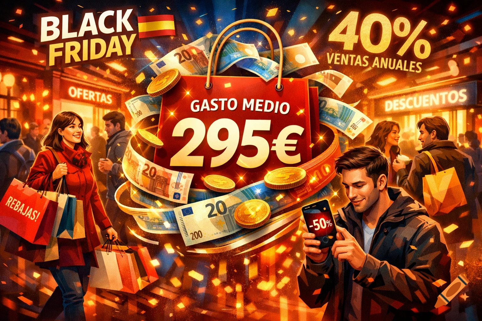 Vibrant illustration of shoppers on Black Friday, with a woman holding bags and a man checking phone. Floating money, signs for sales and discounts.