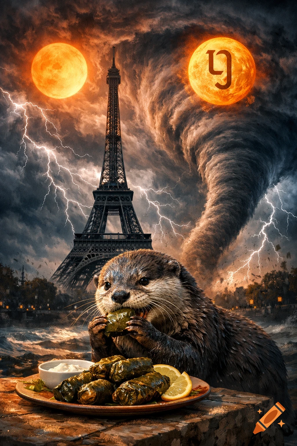 Photorealistic otter eats dolmas in front of the Eiffel Tower, with lightning, a tornado, and two orange suns in a stormy sky.