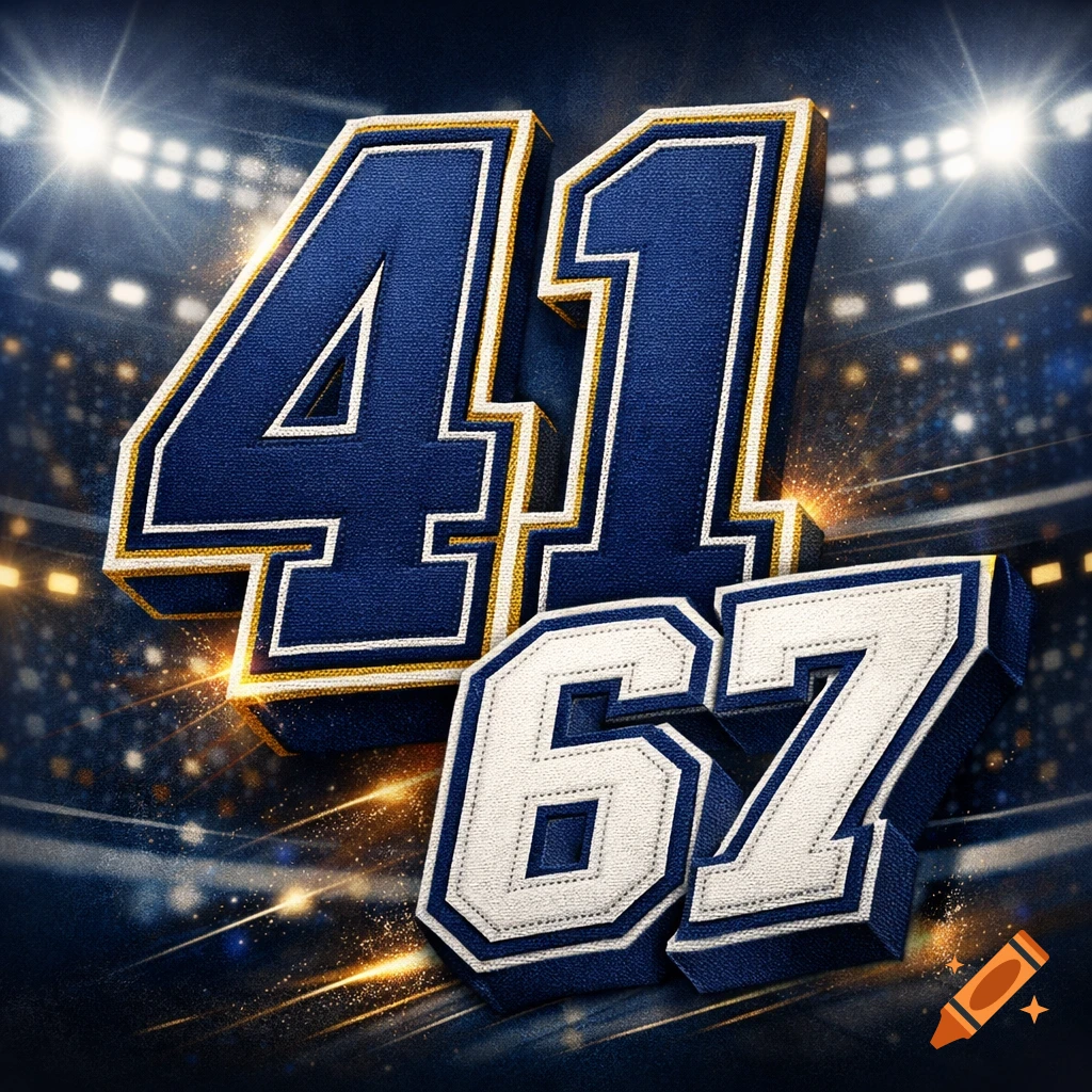 Large, stylized numbers '41' and '67' with a fabric texture, set against a blurred illuminated sports stadium background.