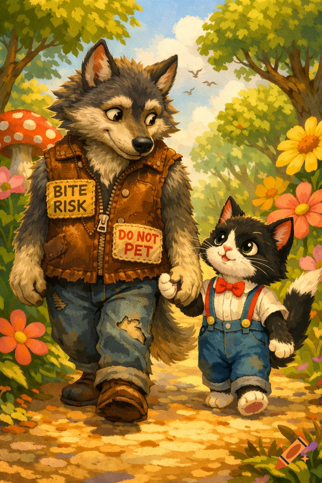 An anthropomorphic wolf in a 'BITE RISK' and 'DO NOT PET' vest holds hands with a tuxedo cat in overalls, walking through a sunny forest path.