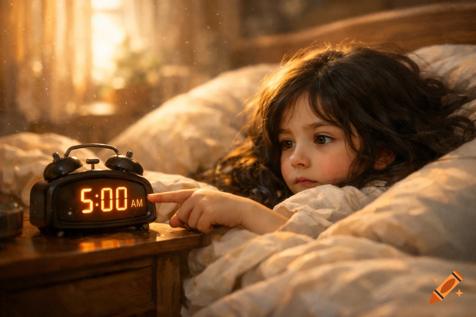 A young girl with dark hair lies in bed, pointing at an alarm clock displaying 5:00 AM, in a warm, golden lit bedroom.
