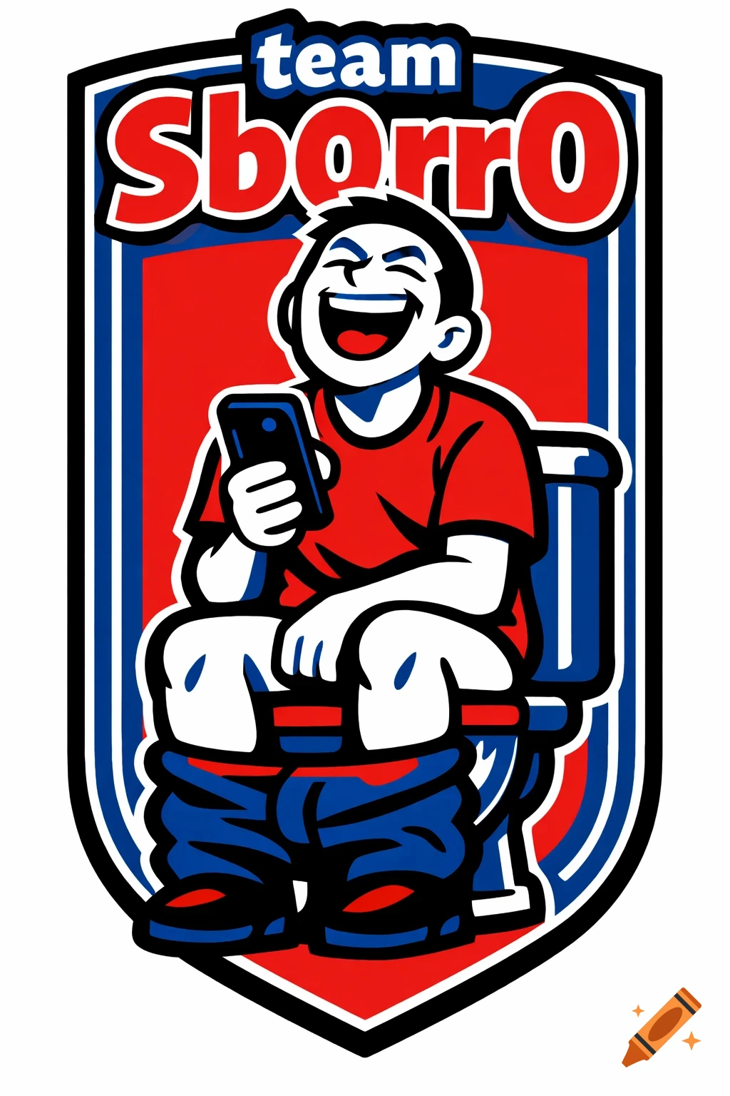 Cartoon emblem of a laughing person sitting on a toilet, holding a smartphone, with "team Sborr0" text at the top.