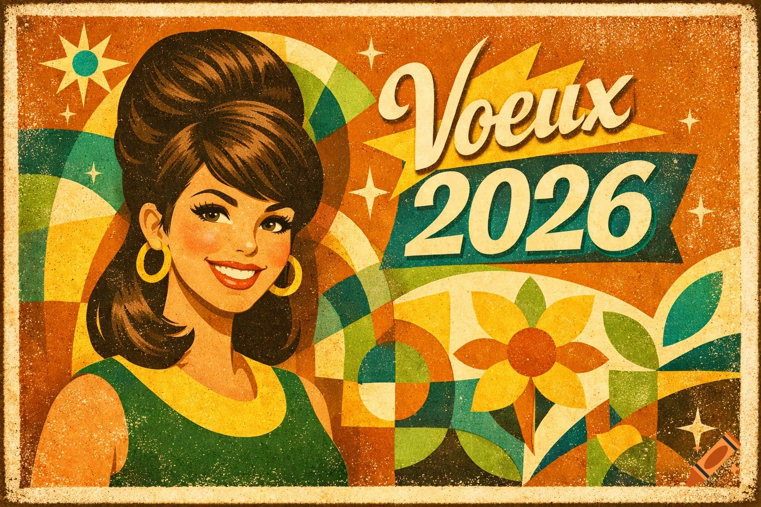 A retro-style greeting card with a smiling woman with a beehive hairdo and 'Voeux 2026' text, in warm, colorful geometric patterns.