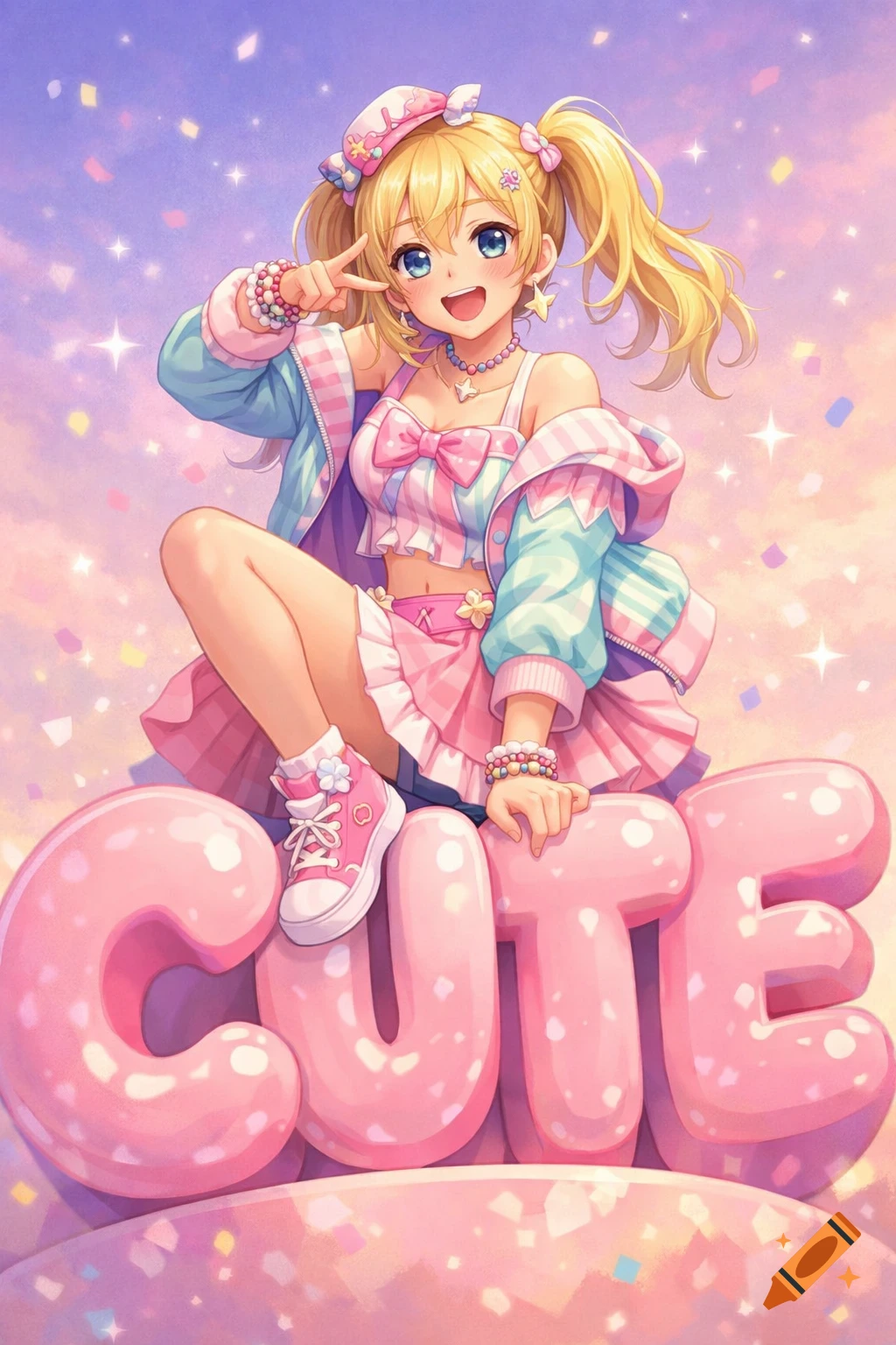 A cheerful blonde anime girl with pigtails and a pastel outfit sits on large pink bubbly letters spelling 'CUTE', making a peace sign.