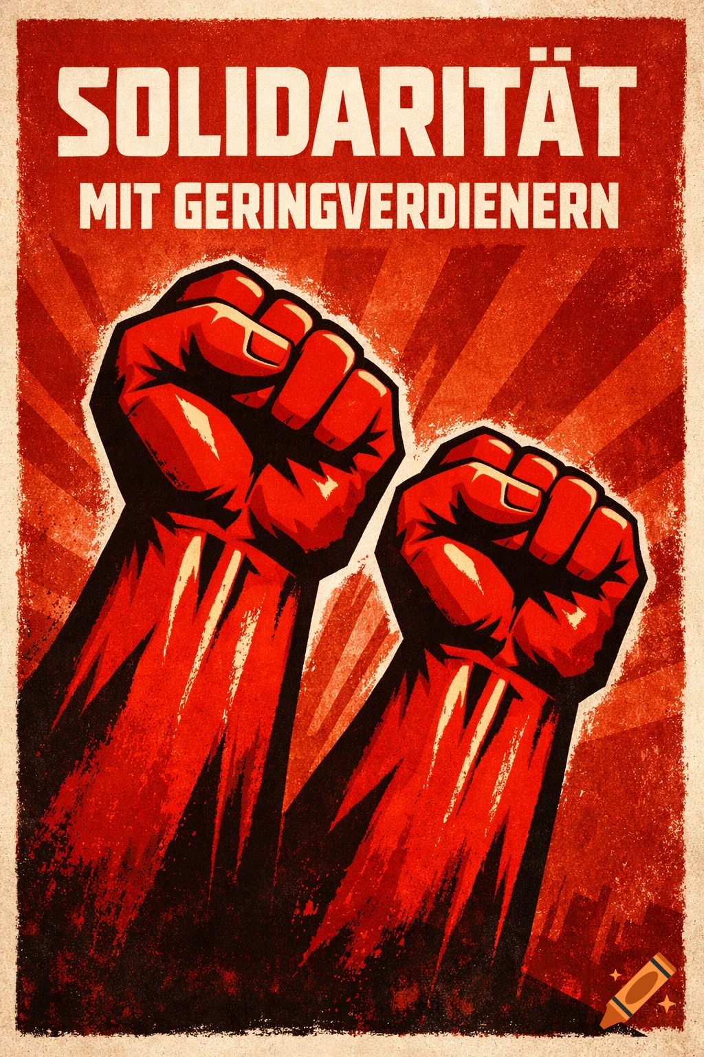 A red, distressed Soviet-style propaganda poster showing two raised red fists against a sunburst pattern. Text reads 'SOLIDARITÄT MIT GERINGVERDIENERN' (Solidarity with Low-Income Earners).