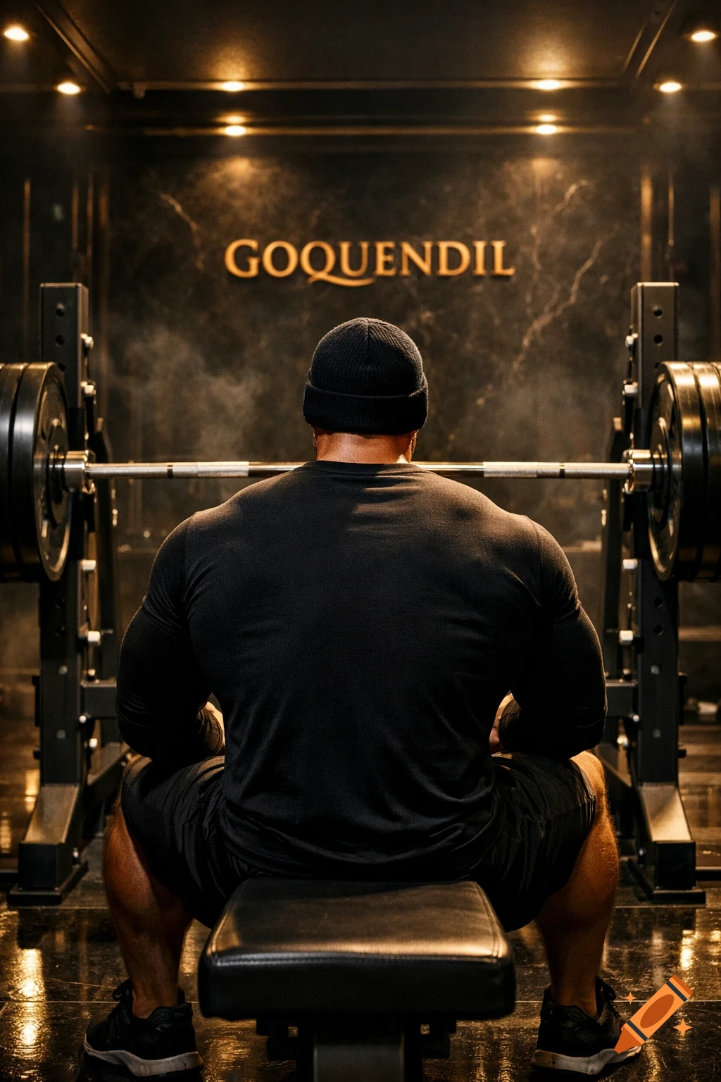 A muscular man in a black beanie and shirt sits on a bench, facing a barbell in a dark, luxurious gym with 'GOQUENDIL' on the wall.