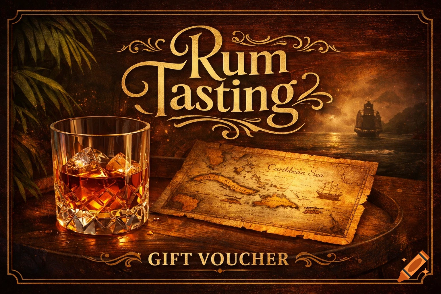 A rustic rum tasting gift voucher featuring a glass of rum with ice, an old map of the Caribbean, and a pirate ship on the sea.