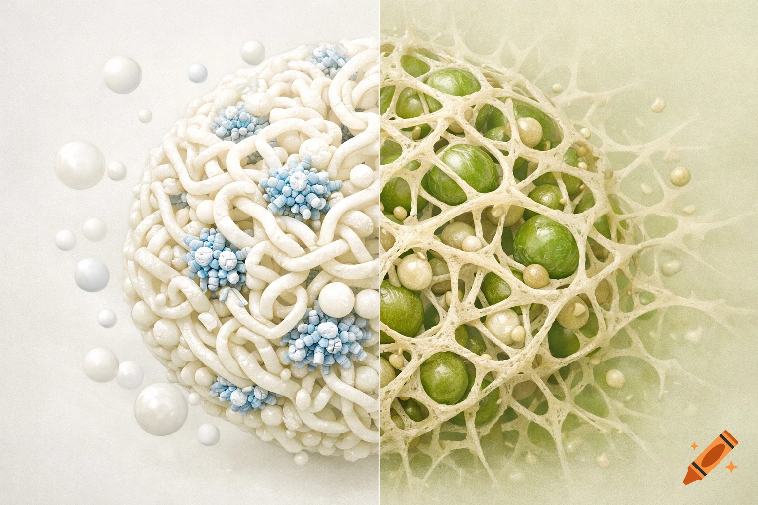 A split scientific illustration: left shows a cream-white casein micelle with blue structures and spheres; right shows a beige network encasing green and light brown spheres.
